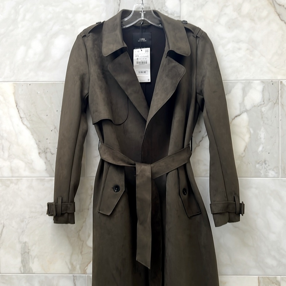 NWT ZARA faux suede trench jacket. Olive green.